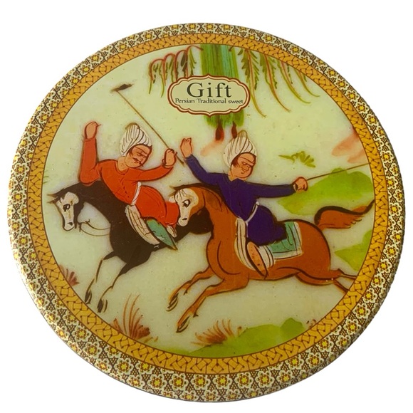 VTG Gift Persian Traditional Sweet Croquet Game Round Candy Metal Tin Canister - Picture 7 of 7